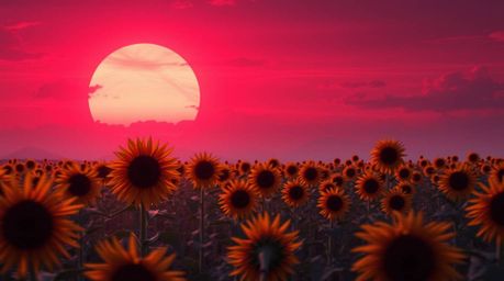 Experience a stunning futuristic sci-fi image: a breathtaking sunflower field bathed in the deep red and purple hues of a dra