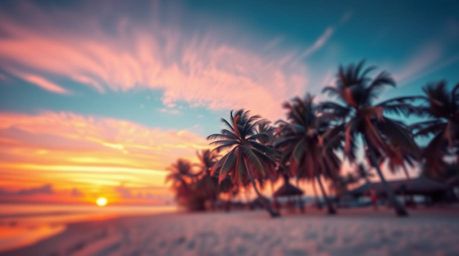 Experience a surreal tropical beach sunset captured in infrared photography. This image features vibrant infrared tones, a bl