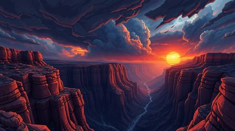 A breathtaking image captures a rocky canyon at sunset during a powerful storm.  The dramatic interplay of stormy skies, warm