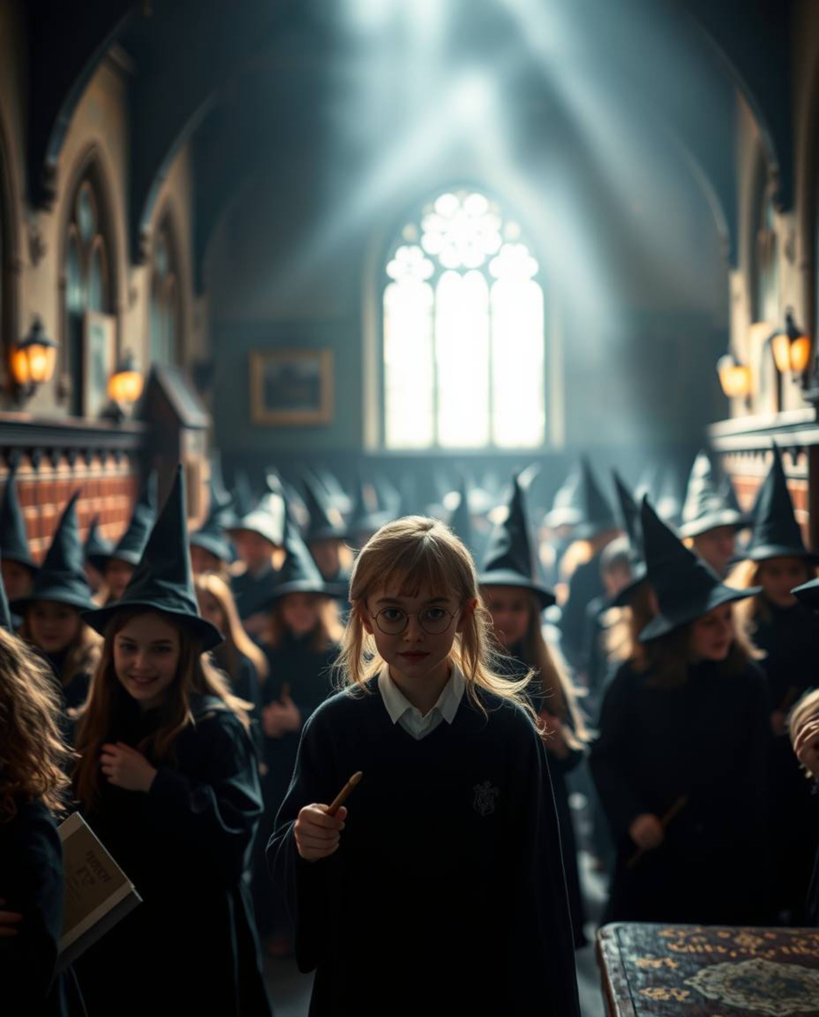 Step into a magical school brimming with young wizards, where sections are divided amidst a beautifully blurred bokeh backgro