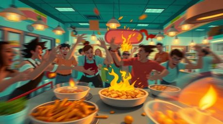 Experience a dynamic and vibrant animation of a chaotic food fight in a cartoon cafeteria.  The scene is rendered in luxuriou