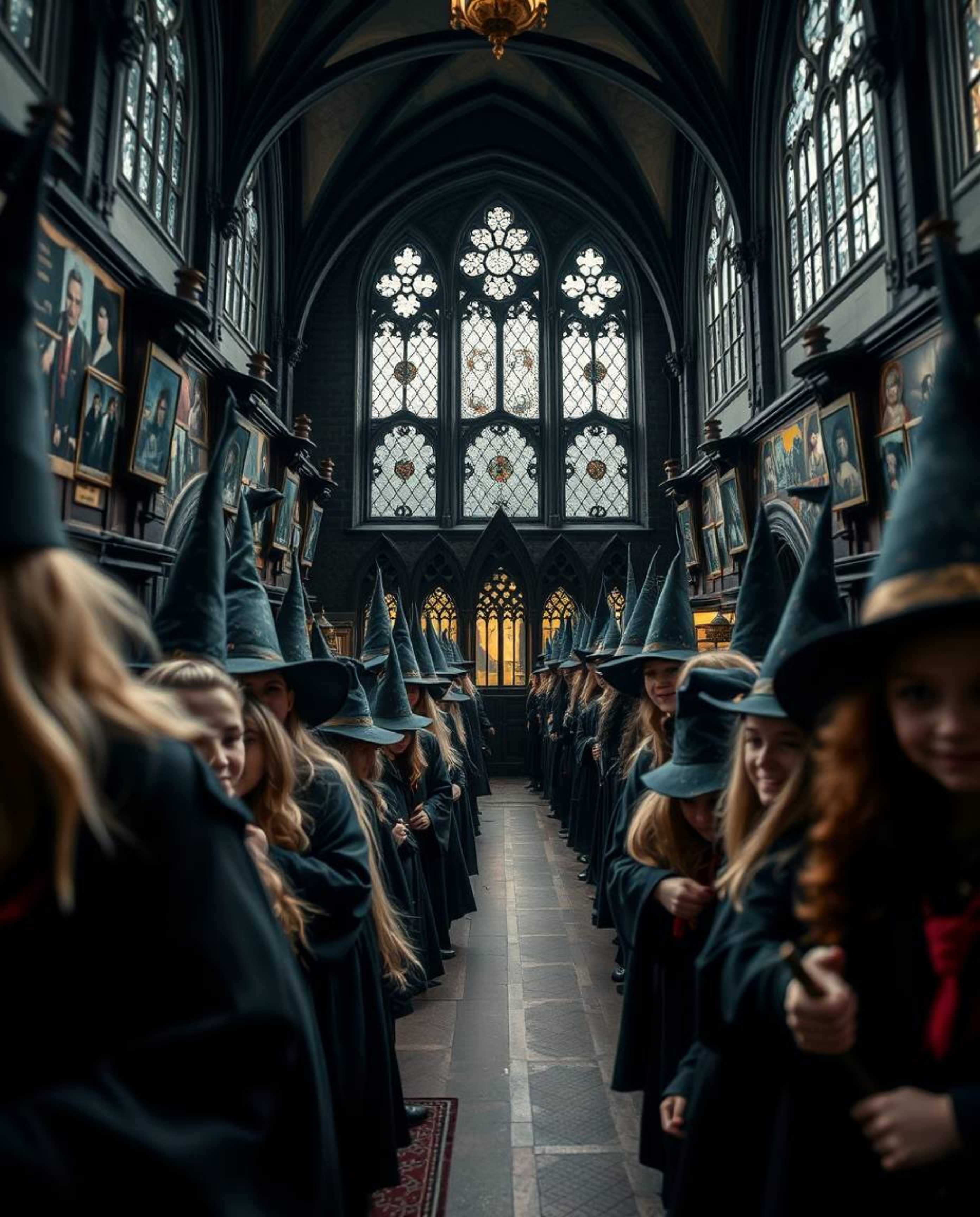 Explore a captivating magical school teeming with young wizards, showcased in a tightly framed, split-screen close-up. The im