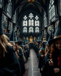 Explore a captivating magical school teeming with young wizards, showcased in a tightly framed, split-screen close-up. The im