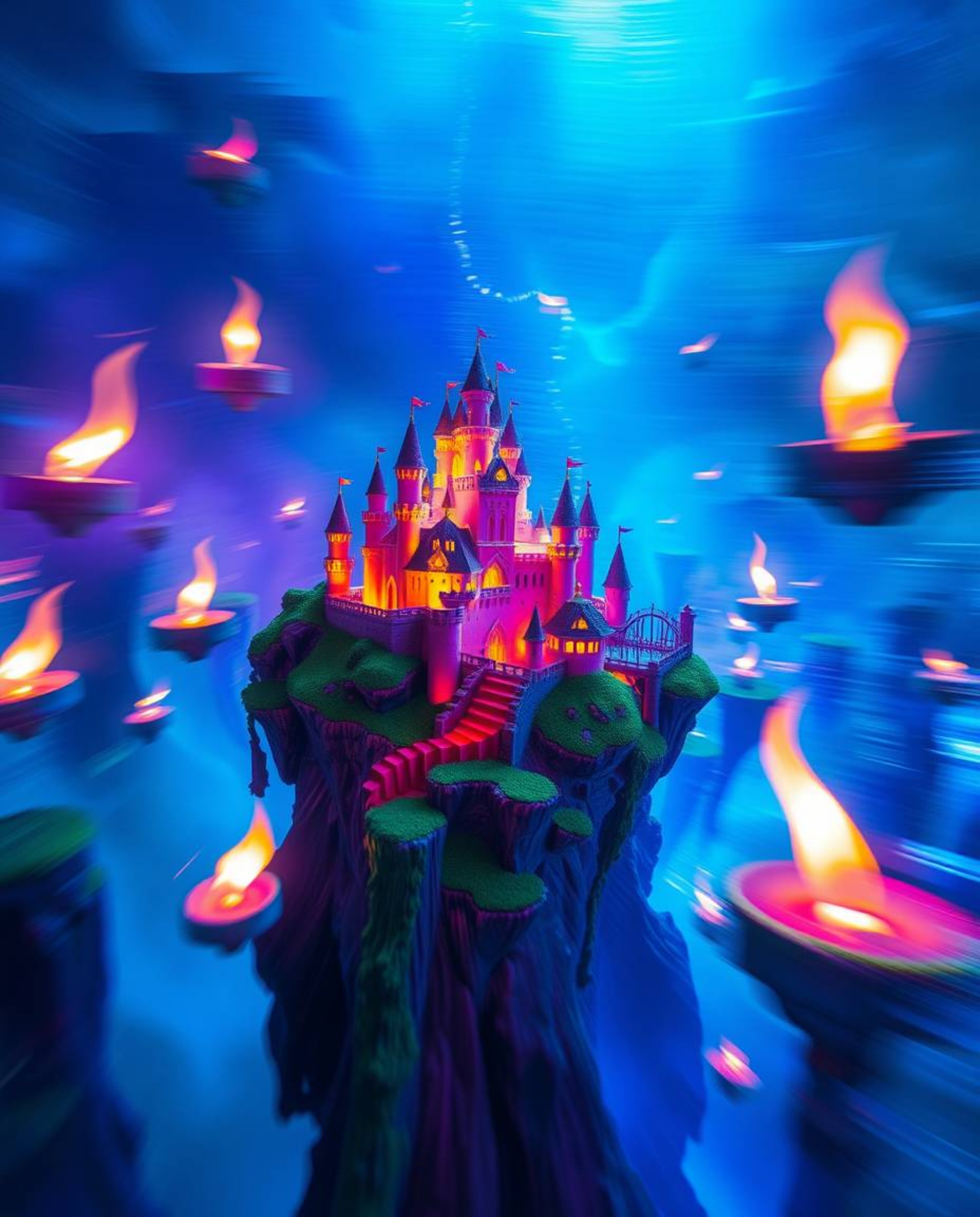 Experience a dynamic motion scene where cool and warm candlelight dances across a vibrant kingdom. Floating islands adorned w