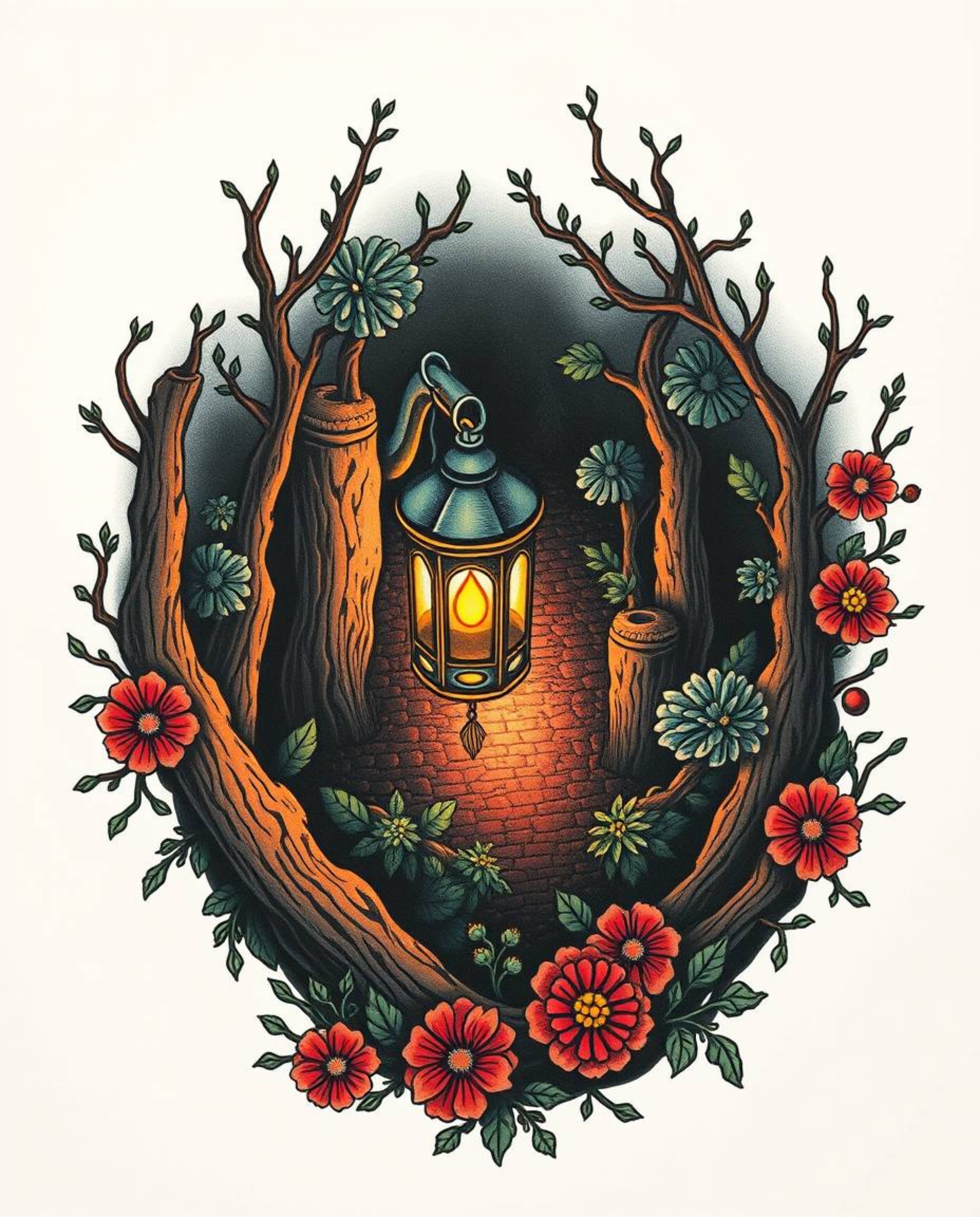 Discover stunning traditional tattoo art featuring a vibrant glowing lantern in a dark forest. This overhead birds-eye view d