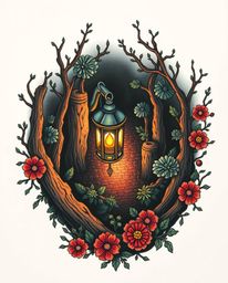 Discover stunning traditional tattoo art featuring a vibrant glowing lantern in a dark forest. This overhead birds-eye view d