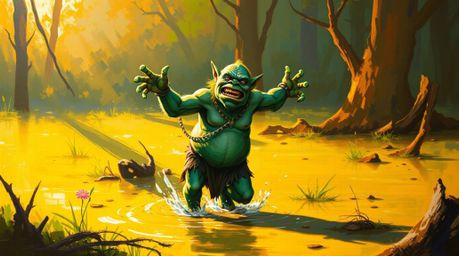 A captivating acrylic painting depicts a bold ogre joyfully dancing in a vibrant swamp, illuminated by the warm, golden light