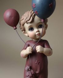A captivating clay sculpture depicts a child with cherubic features, gracefully holding a balloon. The artwork is skillfully 