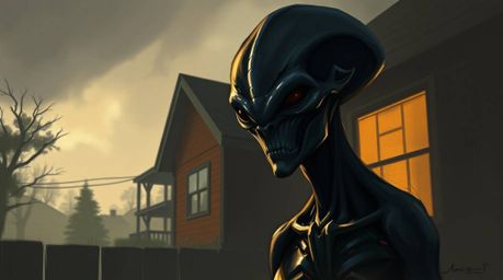 A strong, moody digital sketch depicts an alien with dark skin and sharp features living in a suburban house. The artwork fea