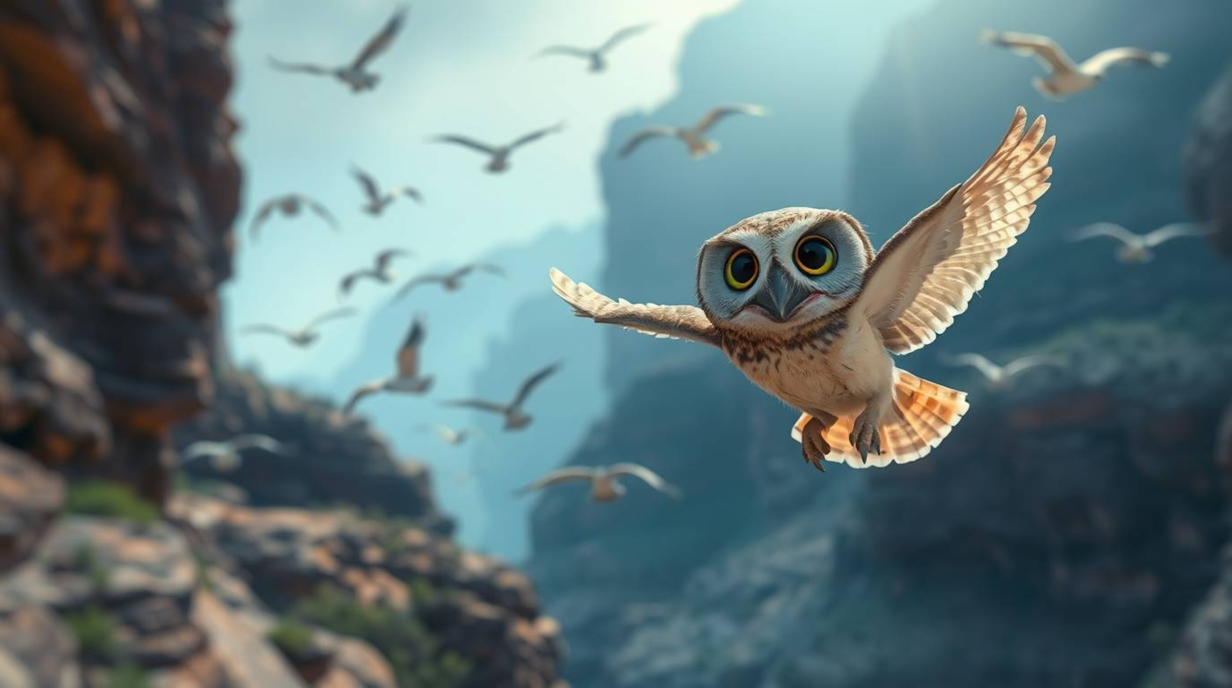 This cinematic, long-exposure photograph captures a blind owl, rendered in a heartwarming Pixar style with large, gentle eyes
