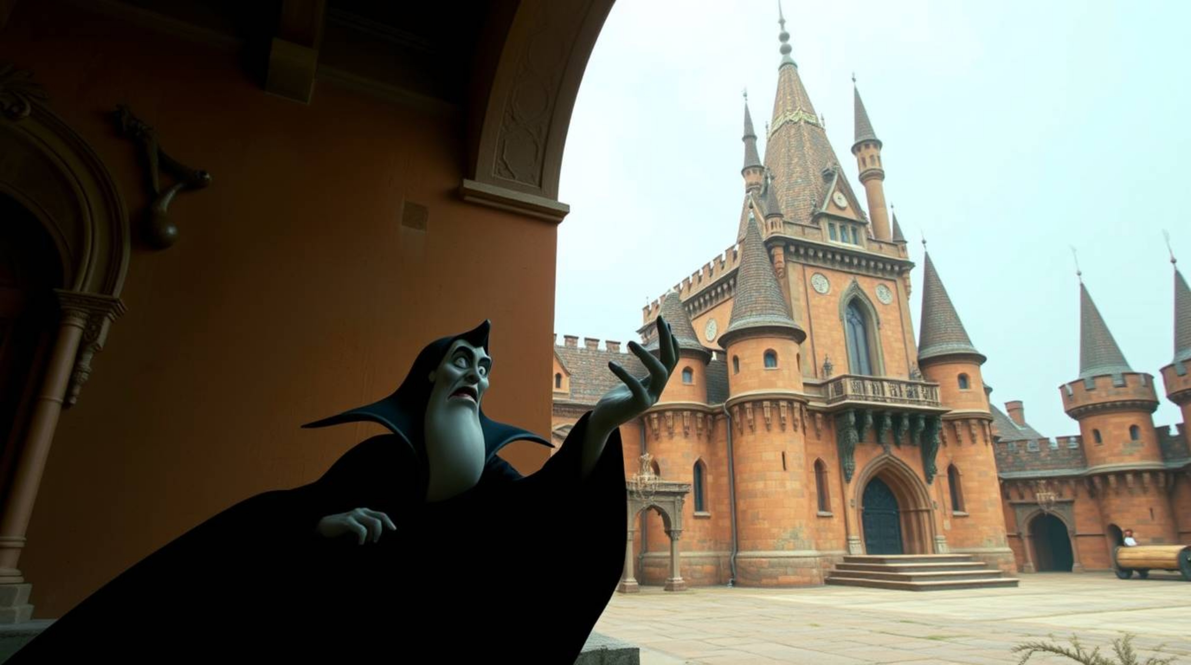A captivating image of a classic Disney villain casting a spell within the walls of an ancient castle. The photograph showca