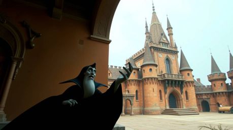 A captivating image of a classic Disney villain casting a spell within the walls of an ancient castle.  The photograph showca