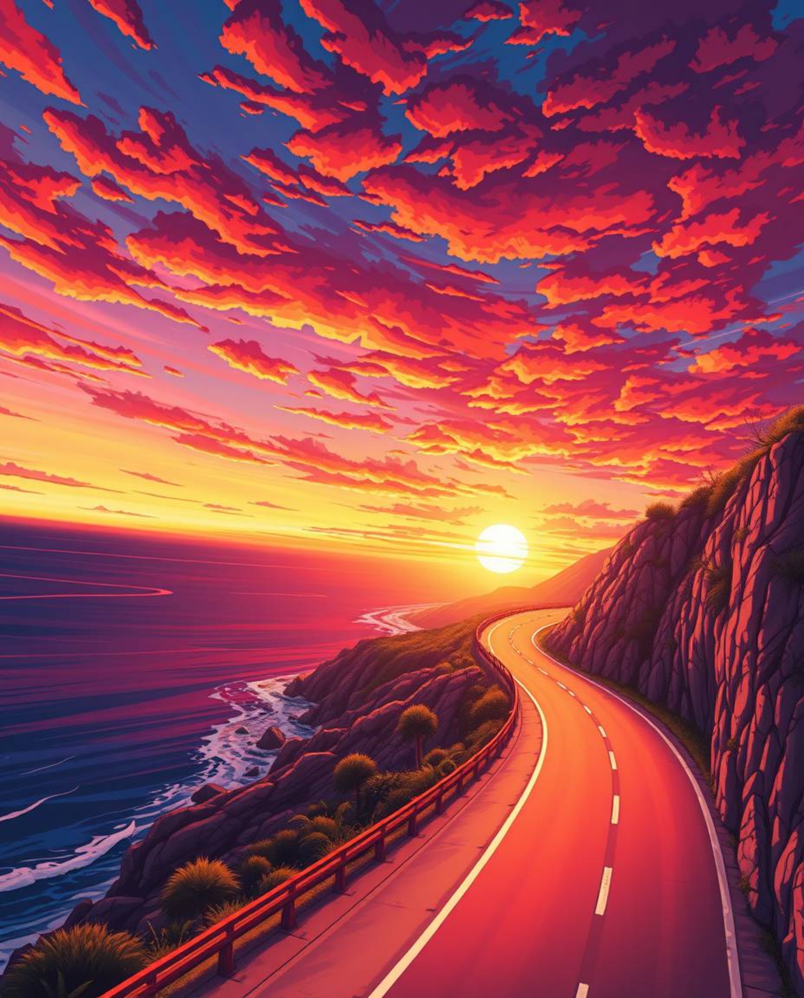 This artwork depicts a sunset sky over a winding coastal highway in a classic Isekai anime style. The piece is characterized 