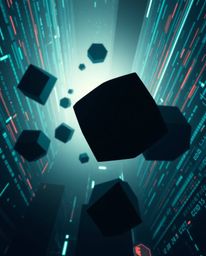 Experience the mesmerizing visuals of glitched geometric shapes floating in a vibrant cyberspace.  This high-angle perspectiv