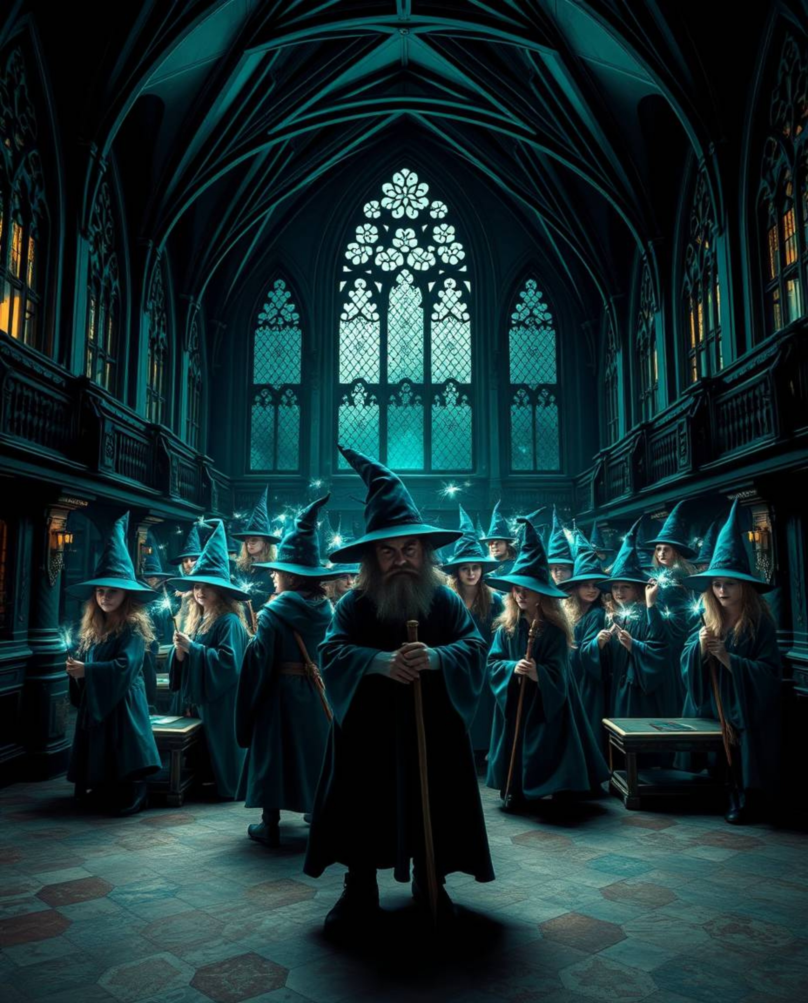 Discover a breathtaking magical school brimming with young wizards, depicted in stunning deep teal hues.  This luxurious and 