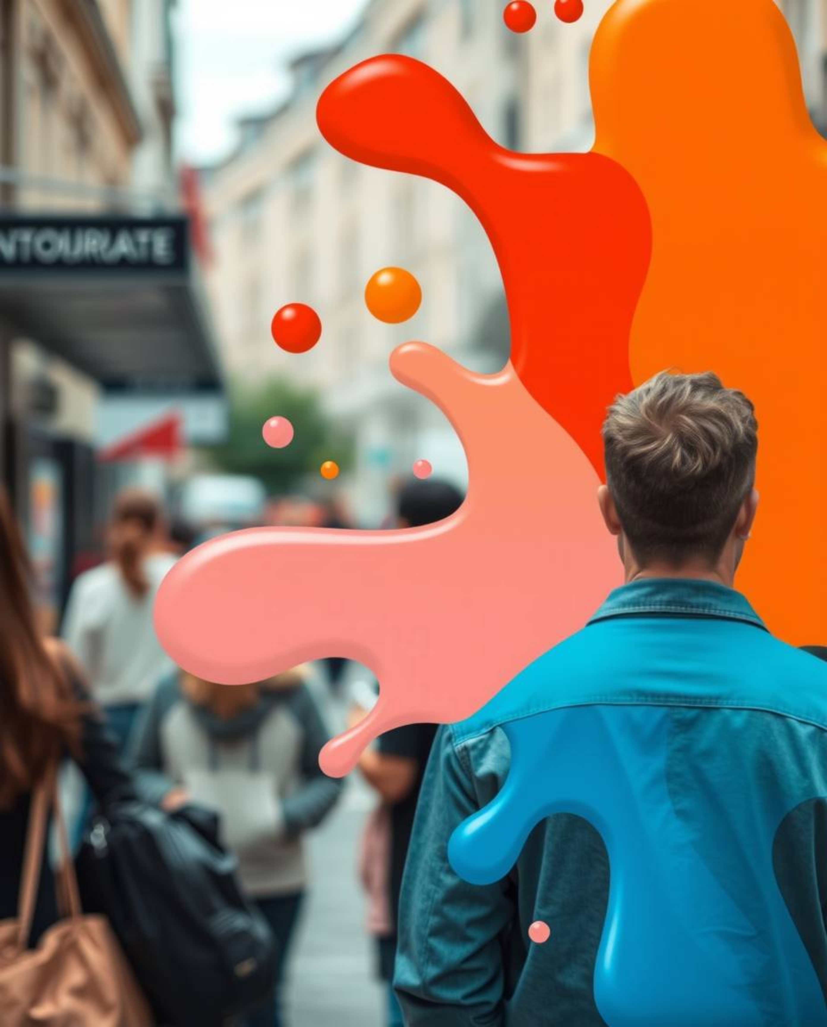 Capture spontaneous candid moments in an urban setting, featuring abstract 3D colorful splash shapes.  This unique style emph