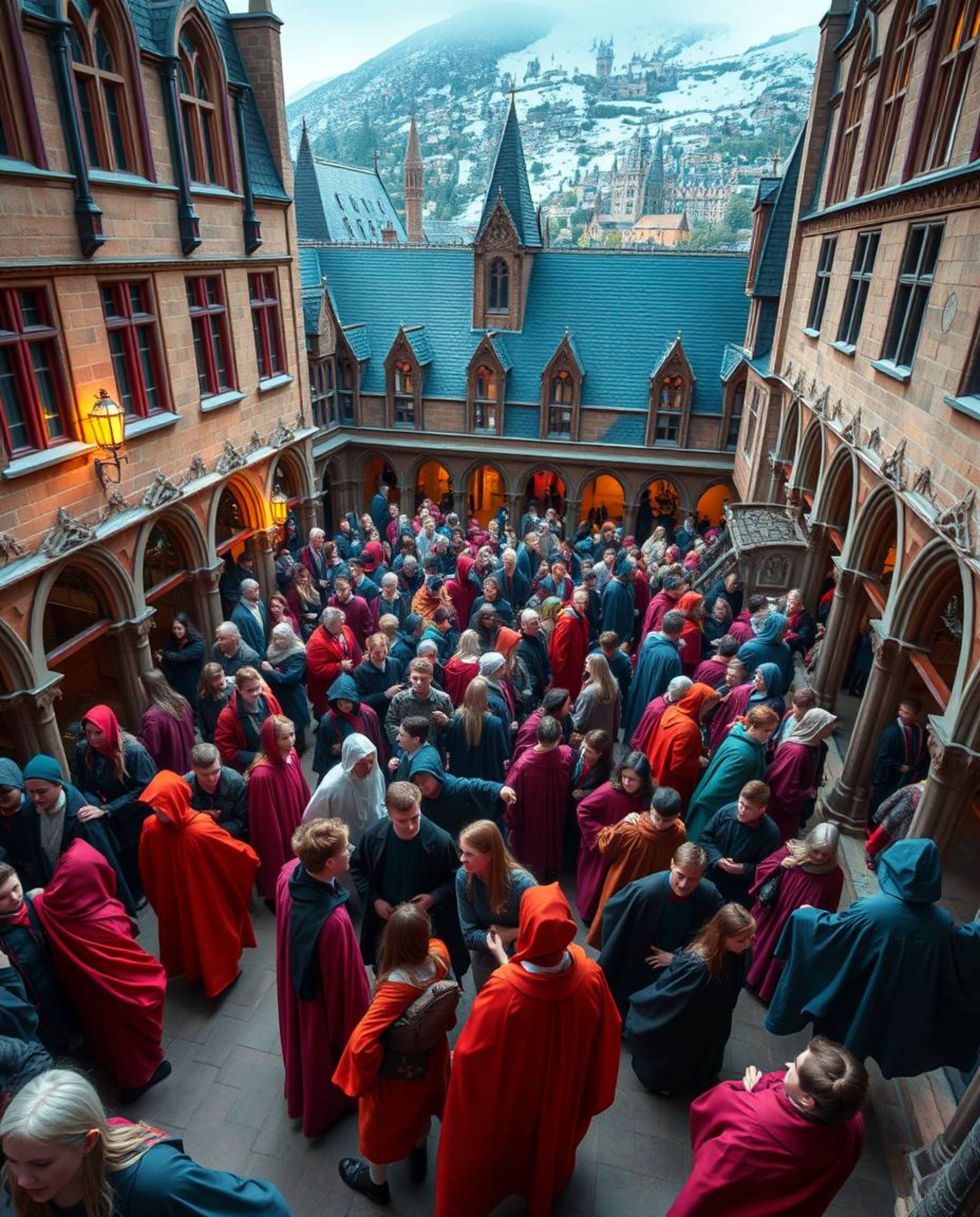 A high-angle, high-resolution stock photo depicts a magical school brimming with young, diverse wizards in vibrant robes.  Th