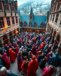 A high-angle, high-resolution stock photo depicts a magical school brimming with young, diverse wizards in vibrant robes.  Th