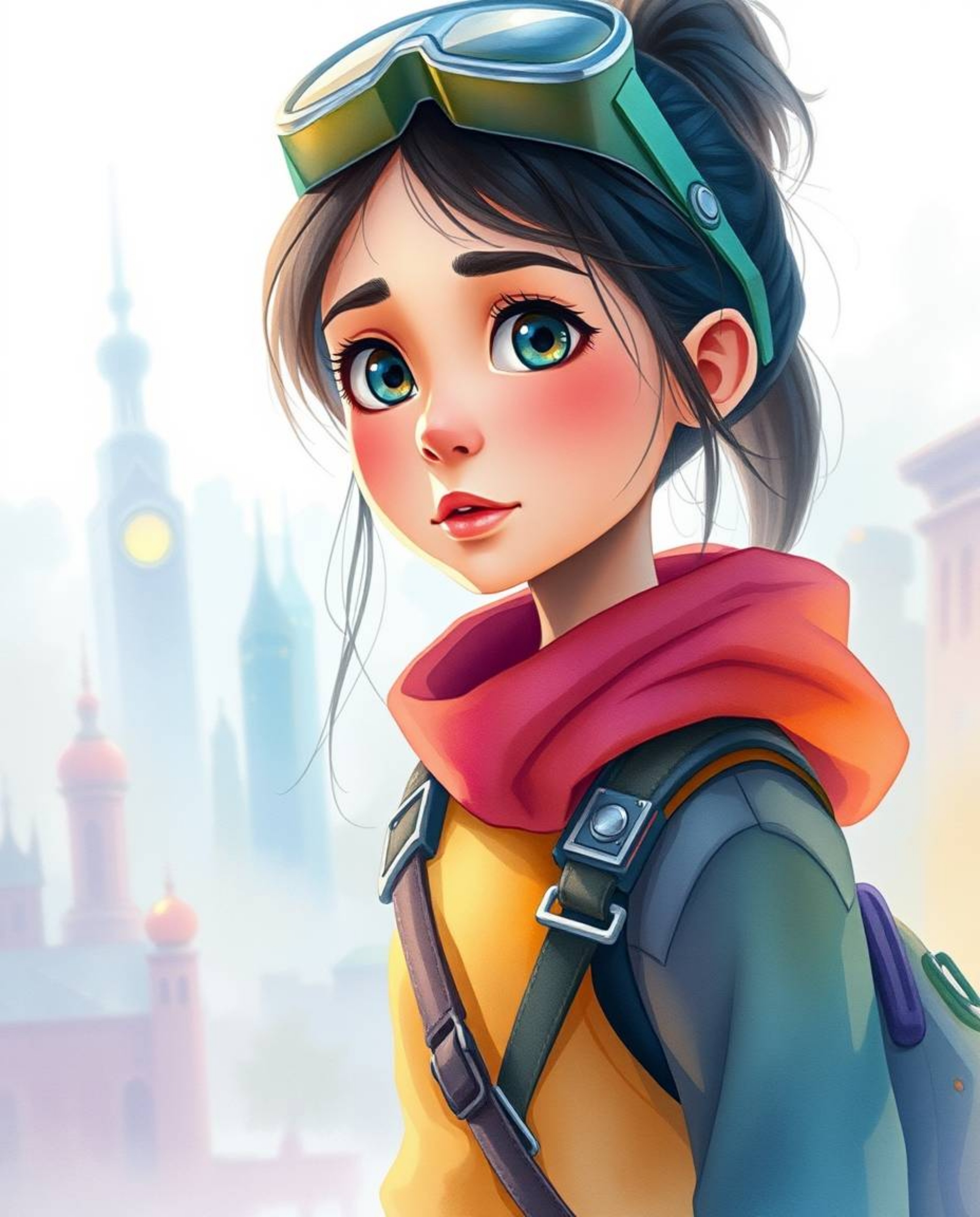 Explore a soft cinematic haze and delicate watercolor painting featuring a young inventor girl in a futuristic city, rendered
