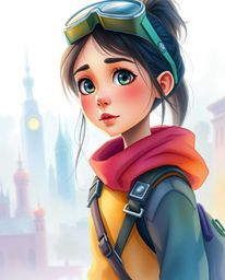Explore a soft cinematic haze and delicate watercolor painting featuring a young inventor girl in a futuristic city, rendered
