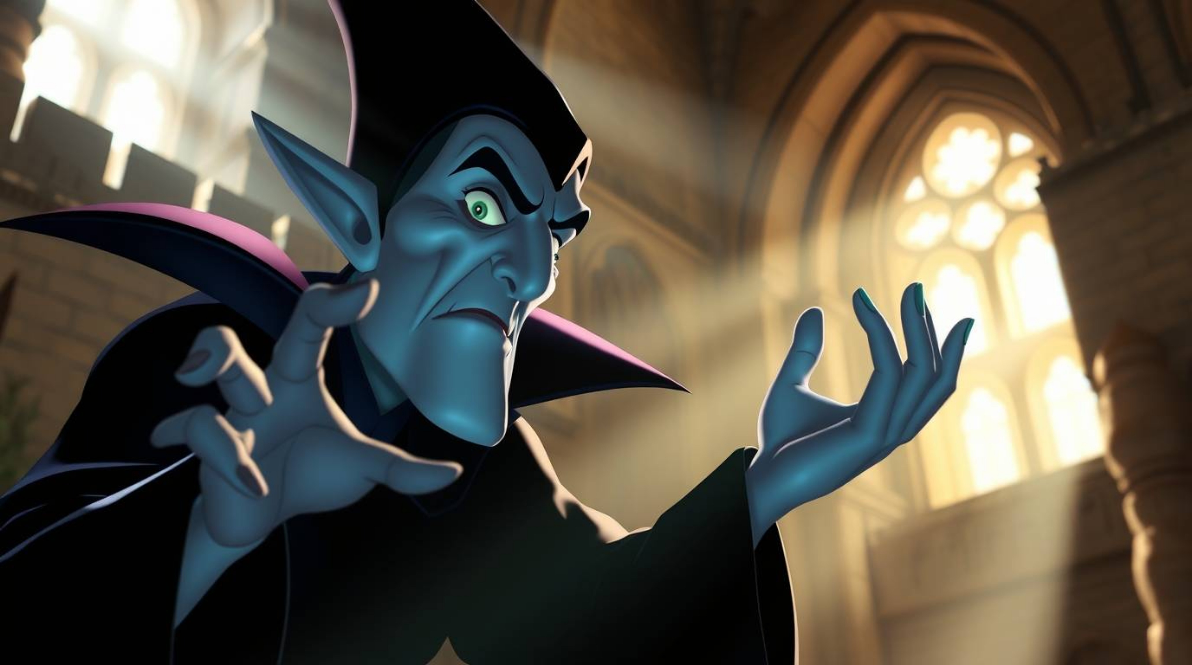A classic Disney villain with sharp features and pale skin is casting a spell within the walls of an ancient stone castle. Th