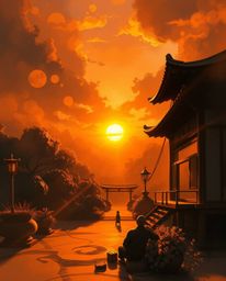 A dynamic digital sketch depicting a sunset over a serene Zen garden with warm golden hues, painterly strokes, rich textures,