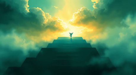 A rich, deep teal digital sketch with complementary epic colors creates a misty and atmospheric scene. Steps of light ascend 