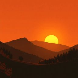 This digital painting captures the serene beauty of a sunset over a quiet mountain valley, silhouetted against a warm autumna