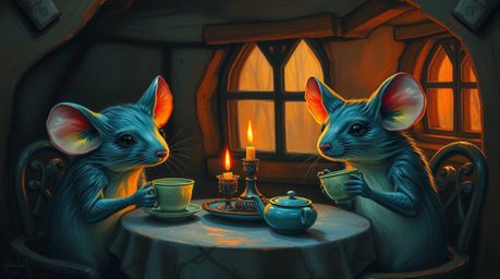 An eerie yet captivating painting depicts anthropomorphic mice enjoying a tea party in a cozy cottage.  The artwork utilizes 