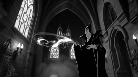 This classic black and white image depicts a classic Disney villain casting a spell within the aged walls of an old castle. T