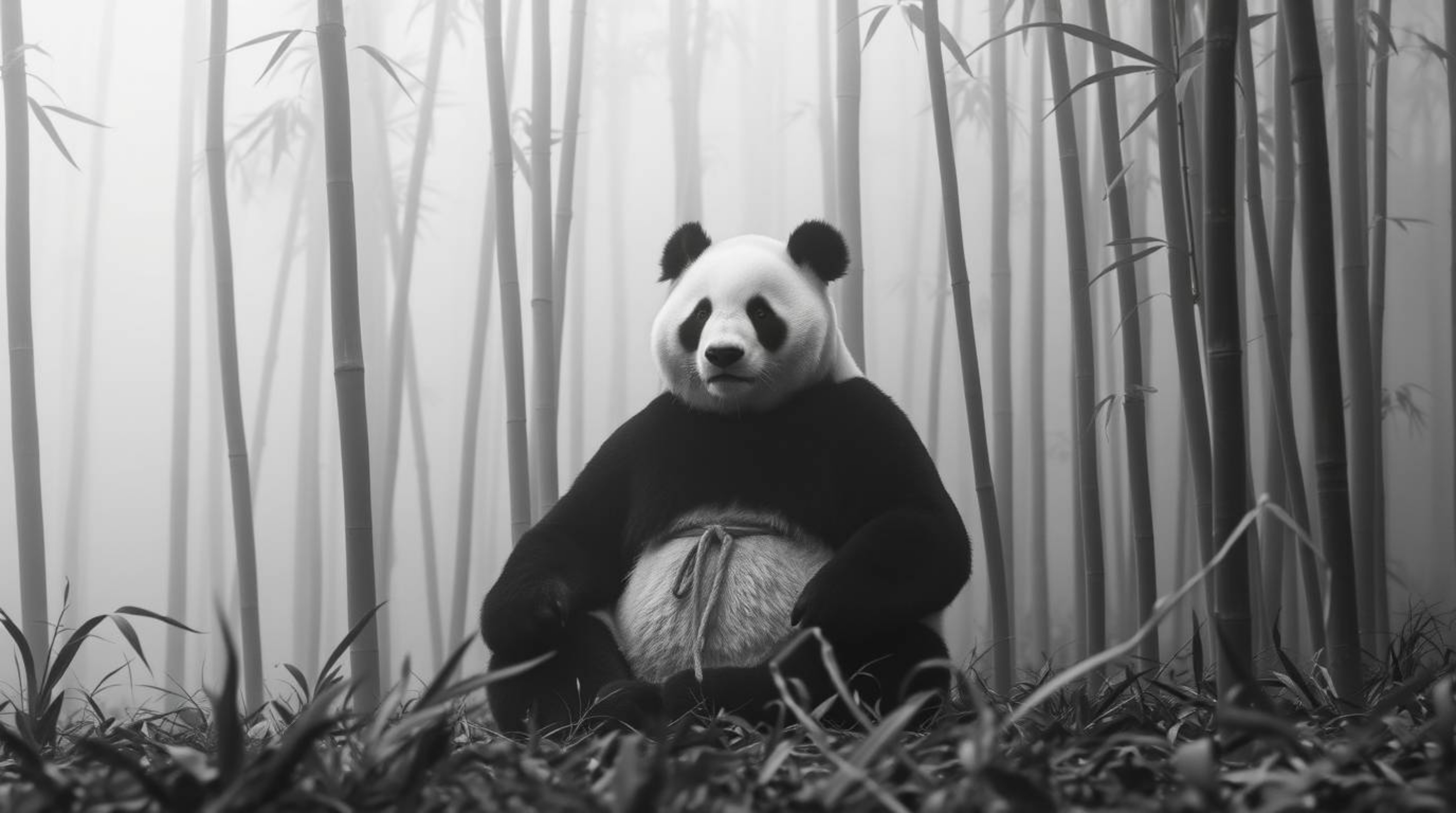 A classic black and white photograph captures a meditating panda martial artist in a serene bamboo forest shrouded in thick f