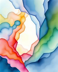 Explore a captivating high-angle perspective watercolor painting where colorful 3D fluid shapes playfully interact with geome