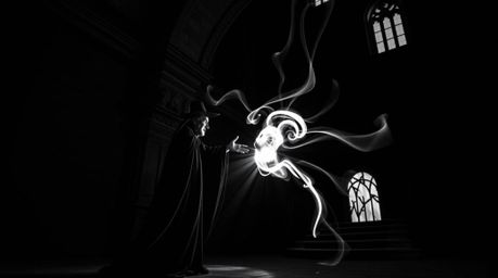 A captivating image of a classic Disney villain casting a spell within an old castle. The timeless elegance is enhanced by a