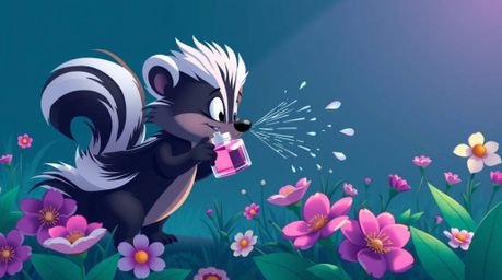 A vibrant and captivating digital artwork depicting a cartoon skunk playfully spraying perfume onto flowers. The image utiliz