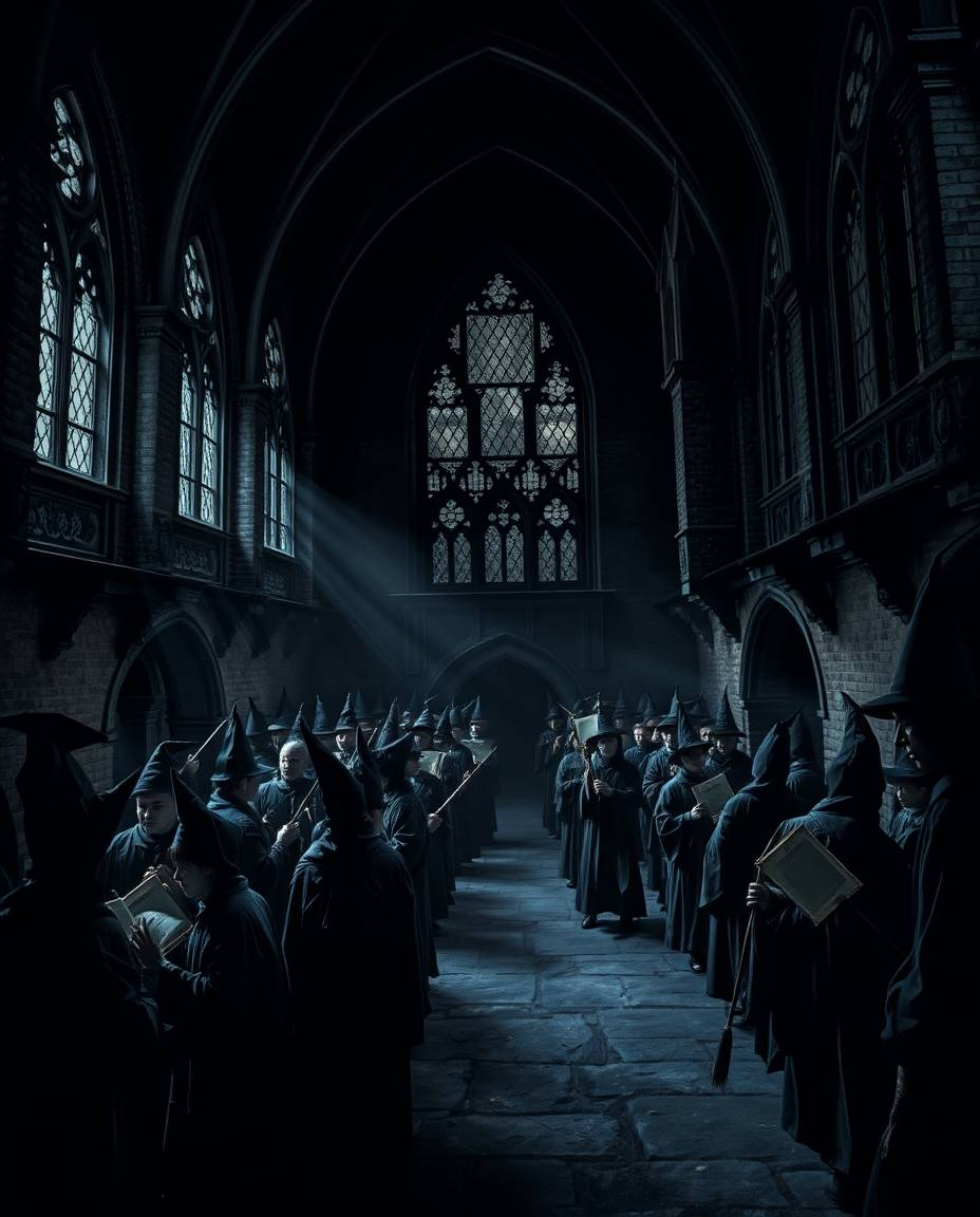 Explore a magical school teeming with young wizards, rendered in a captivating jet-black style with deep shadows and high con