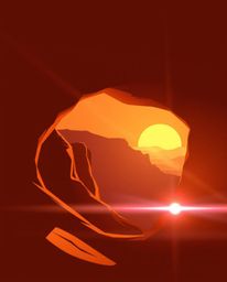 In a modern flat design style, this illustration captures a sunset illuminating sandstone canyon cliffs. The artwork is chara