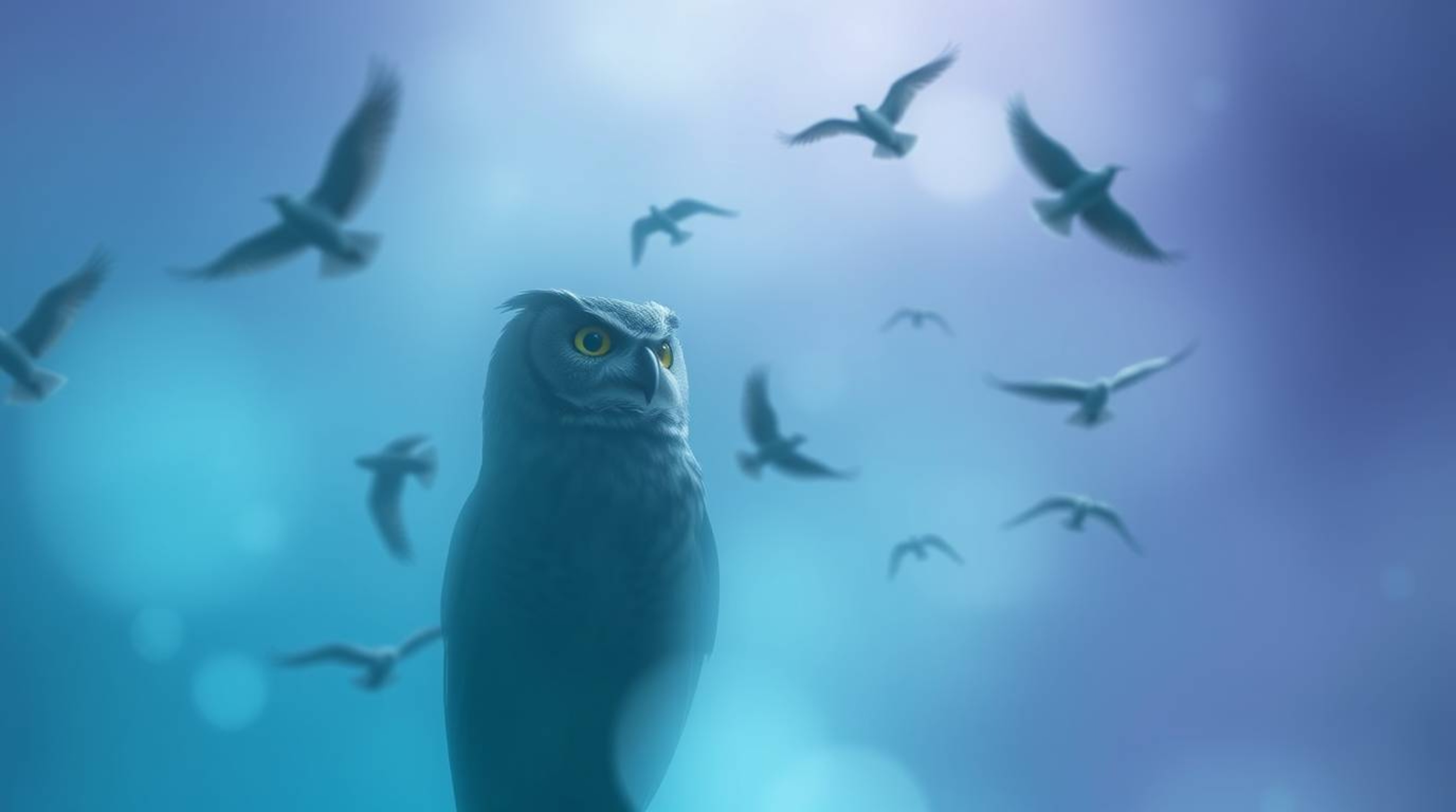A long exposure photograph, characterized by a soft cinematic haze and cool tones, captures a blind, wise owl in a Pixar styl