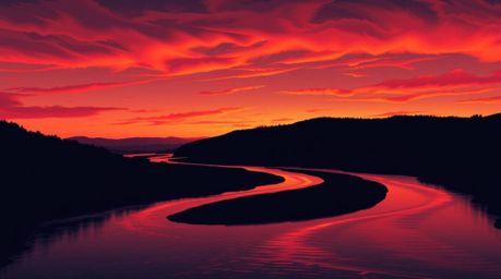A captivating chiaroscuro style illustration features a winding river glowing under a dramatic orange-pink sky.  The scene is