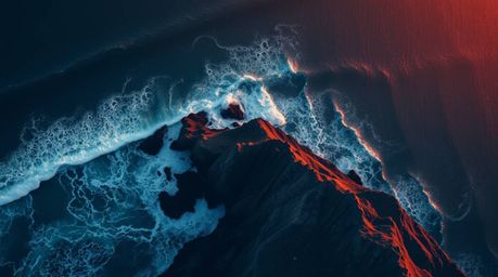 A captivating overhead shot depicts waves crashing against dramatic cliffs at sunset.  The low-contrast, desaturated colors a