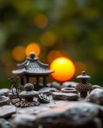 Discover a serene Zen garden at sunset, brought to life through sculptural clay art. This unique depiction features a beautif