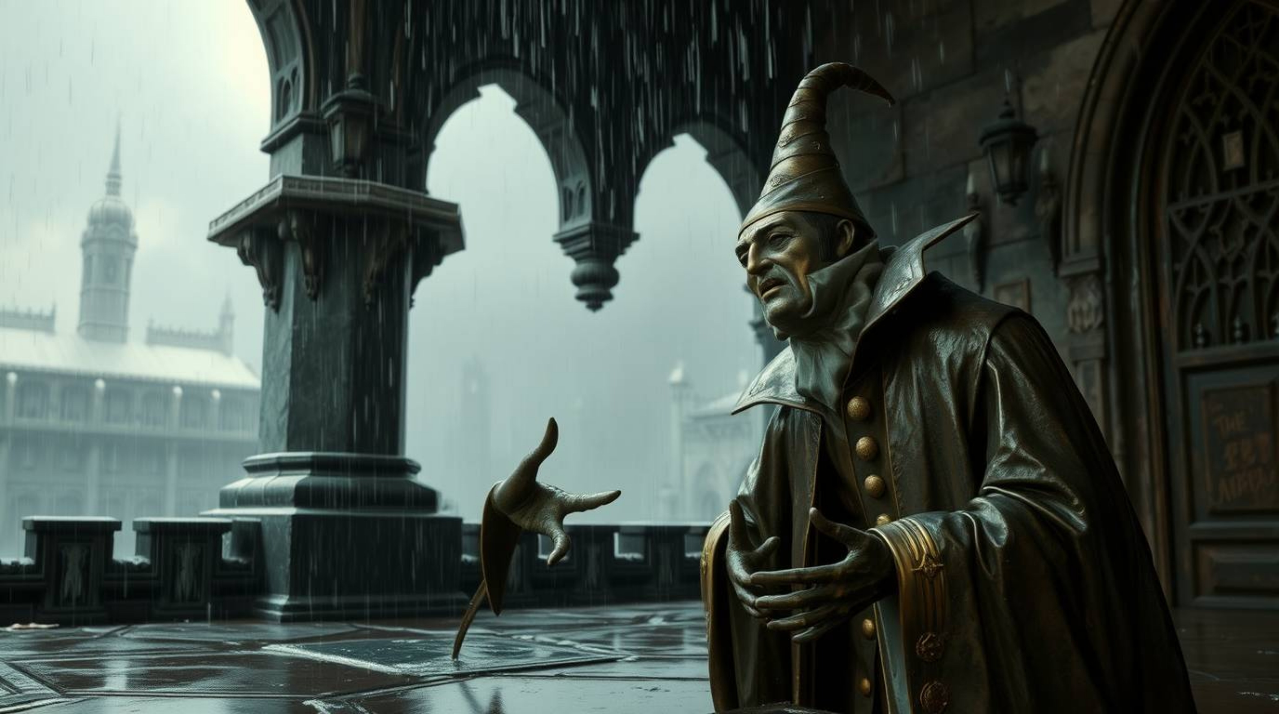 Witness a classic Disney villain conjuring a powerful spell within the confines of an ancient castle on a wet and rainy night