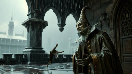 Witness a classic Disney villain conjuring a powerful spell within the confines of an ancient castle on a wet and rainy night