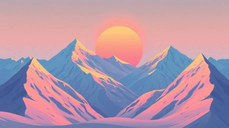 A captivating illustration depicts snow-capped mountains bathed in the soft glow of a pastel sunset.  The scene evokes a myst
