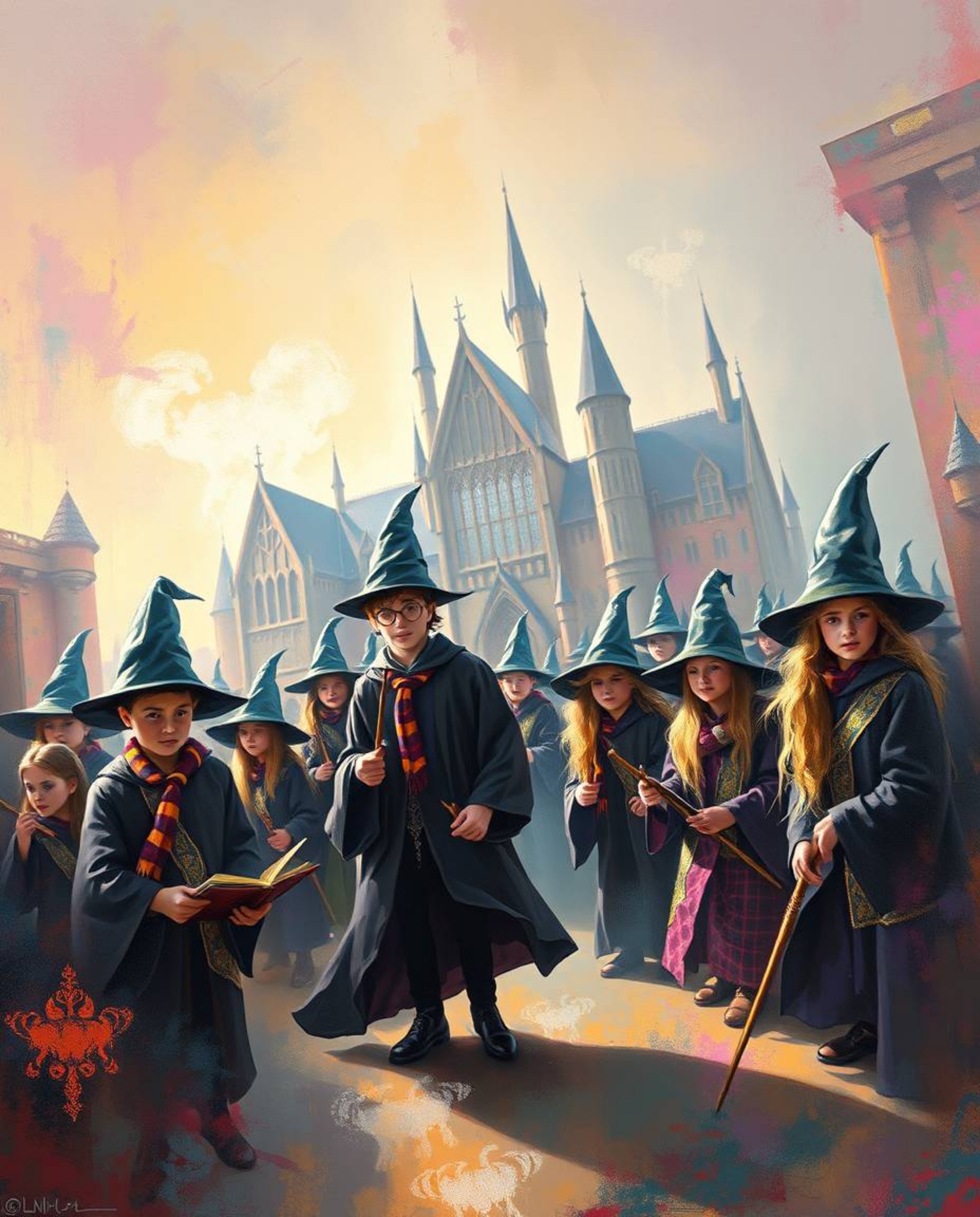 A bold acrylic painting depicting a magical school brimming with young wizards, rendered with a soft cinematic haze and vibra