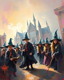 A bold acrylic painting depicting a magical school brimming with young wizards, rendered with a soft cinematic haze and vibra
