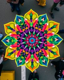 This image features a geometric floral mandala with vibrant colors and a symmetric design, juxtaposed against an urban street