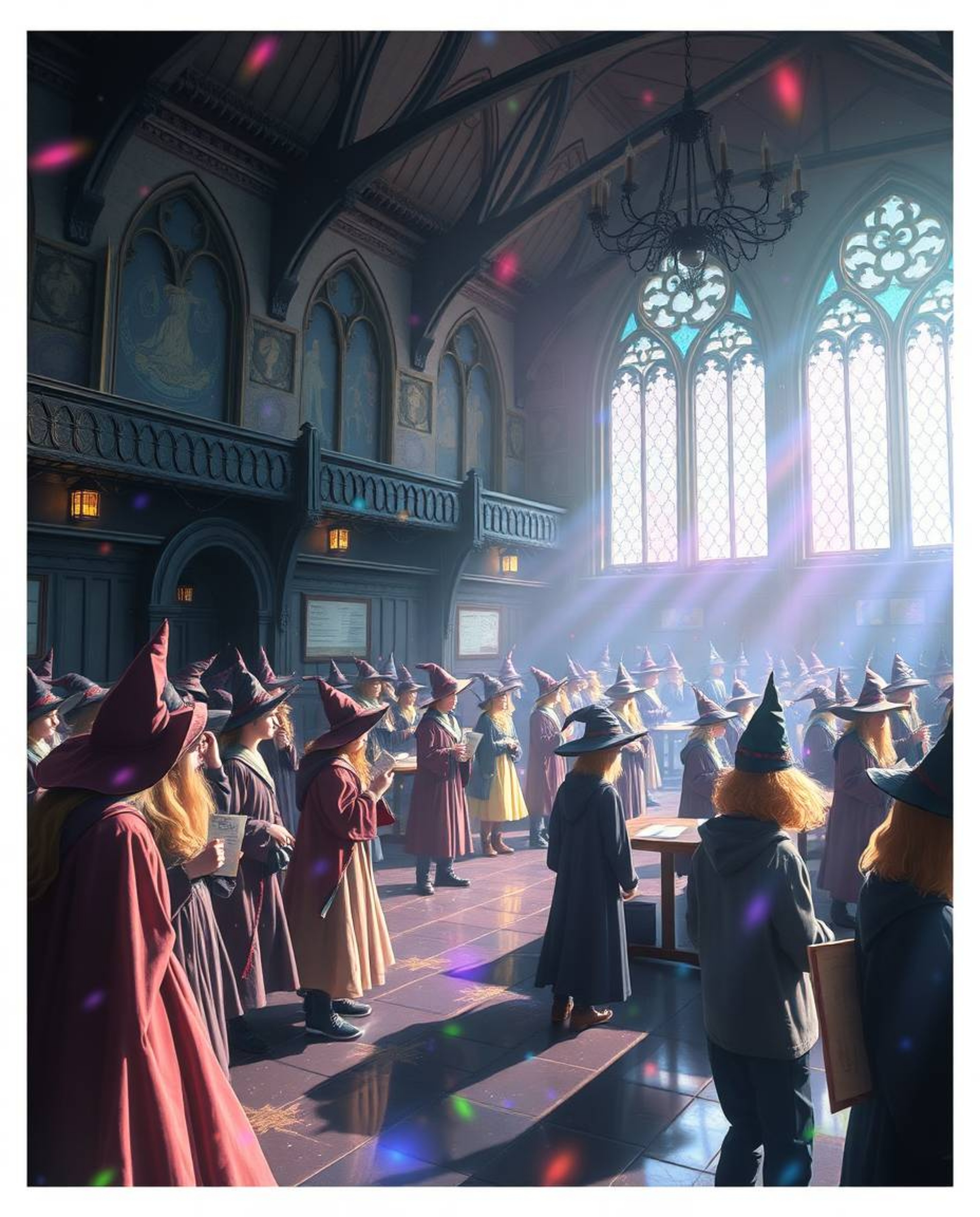 Explore a captivating high-resolution stock photo of a magical school teeming with young wizards, bathed in iridescent reflec