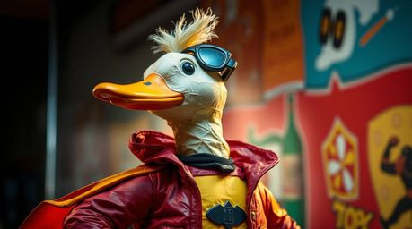 This is a vibrant papier-mâché sculpture featuring a duck donning a zany superhero costume.  The artwork boasts bright, inten