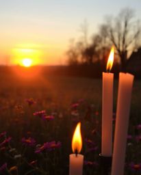 This photograph captures a beautiful sunset over a spring wildflower meadow, uniquely illuminated by the warm glow of candlel