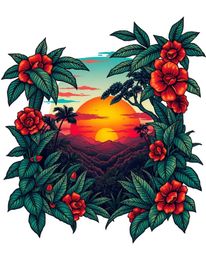 A vibrant traditional tattoo design capturing a sunset viewed through a dense jungle canopy. The artwork is distinguished by 